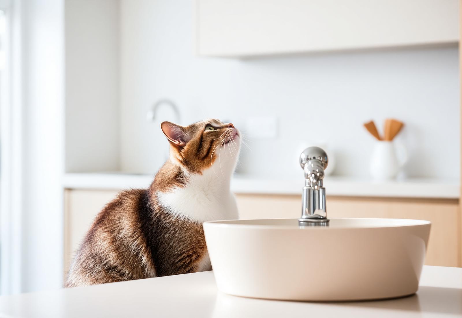 A curious tabby and white cat looking up at a sleek modern pet water fountain on a kitchen counter in a bright British home