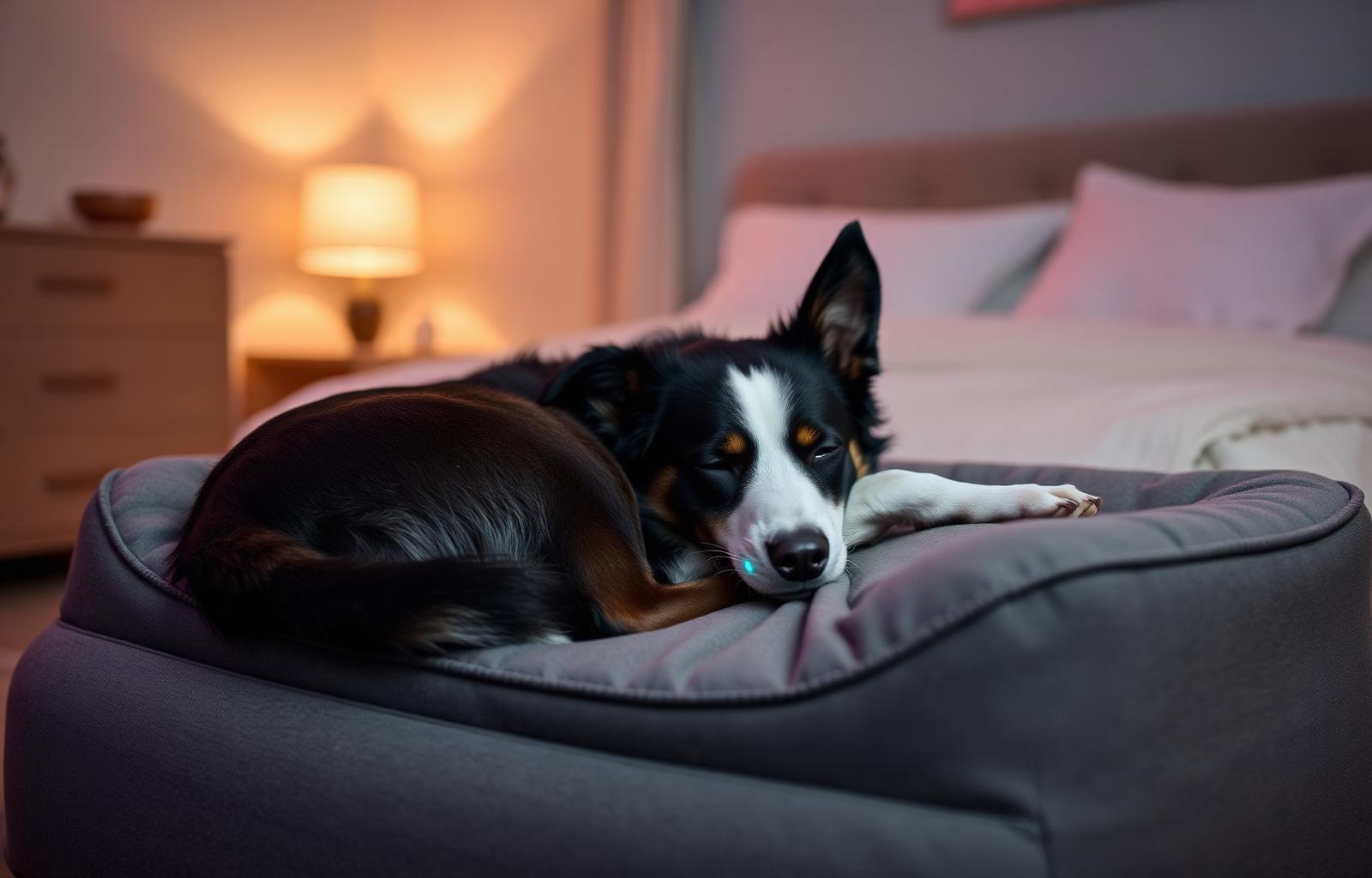 A golden retriever curled up asleep on a cosy bed at night wearing a sleek smart collar with a soft blue indicator light